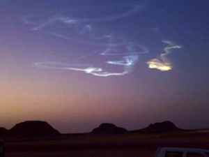 [Trail of asteroid 2008 TC3 over Sudan. Image credit: Mohamed Elhassan Abdelatif Mahir/Noub NGO/Muawia H Shaddad/U Khartoum/Peter Jenniskens/SETI Institute/NASA Ames. From http://www.newscientist.com/articleimages/dn16843/2-meteorite-hunters-strike-gold-in-sudan.html]