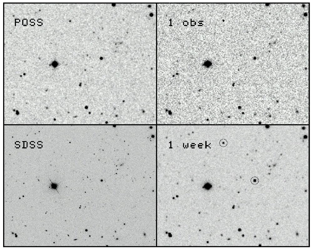 [Left: A 0.1 × 0.08 deg portion of the sky obtained by the (top) more than 50 year old Palomar Observatory Sky Survey in the <em>R</em> band and (bottom) the same view in the recent Sloan Digital Sky Survey in the <em>r</em> band.  Right: (top) a simulation of the how the same field will appear in a single ATLAS red observation (two 30 sec integrations) and (bottom) after combining 5 clear nights of ATLAS images. Image credit: John Tonry, University of Hawaii Institute for Astronomy.]